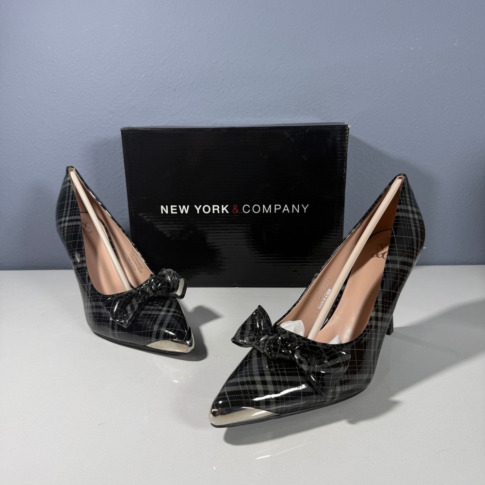 New York & Company Wendy Metal Accent Bow Pump Black Grey Plaid Stiletto Size 9